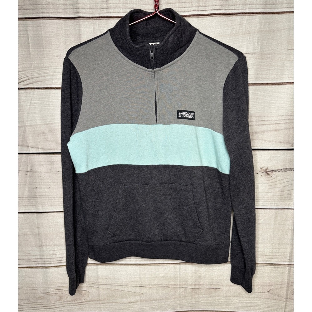 PINK Victoria's Secret Sweatshirt Women S Grey Mint Colorblock Quarter Zip
